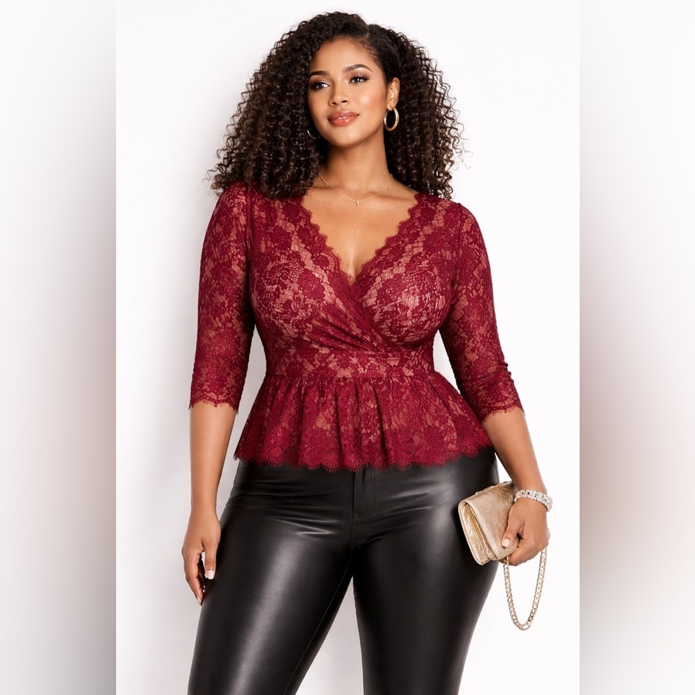 Maeve Anthropologie Lace 3/4 Sleeve Peplum Top in Maroon – Sz M